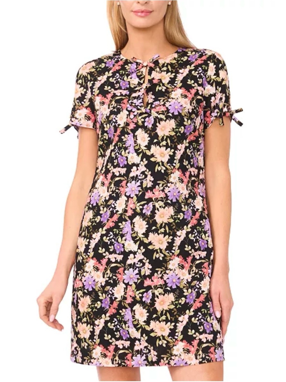 CeCe Black Floral Mini Dress with Purple and Pink Blooms